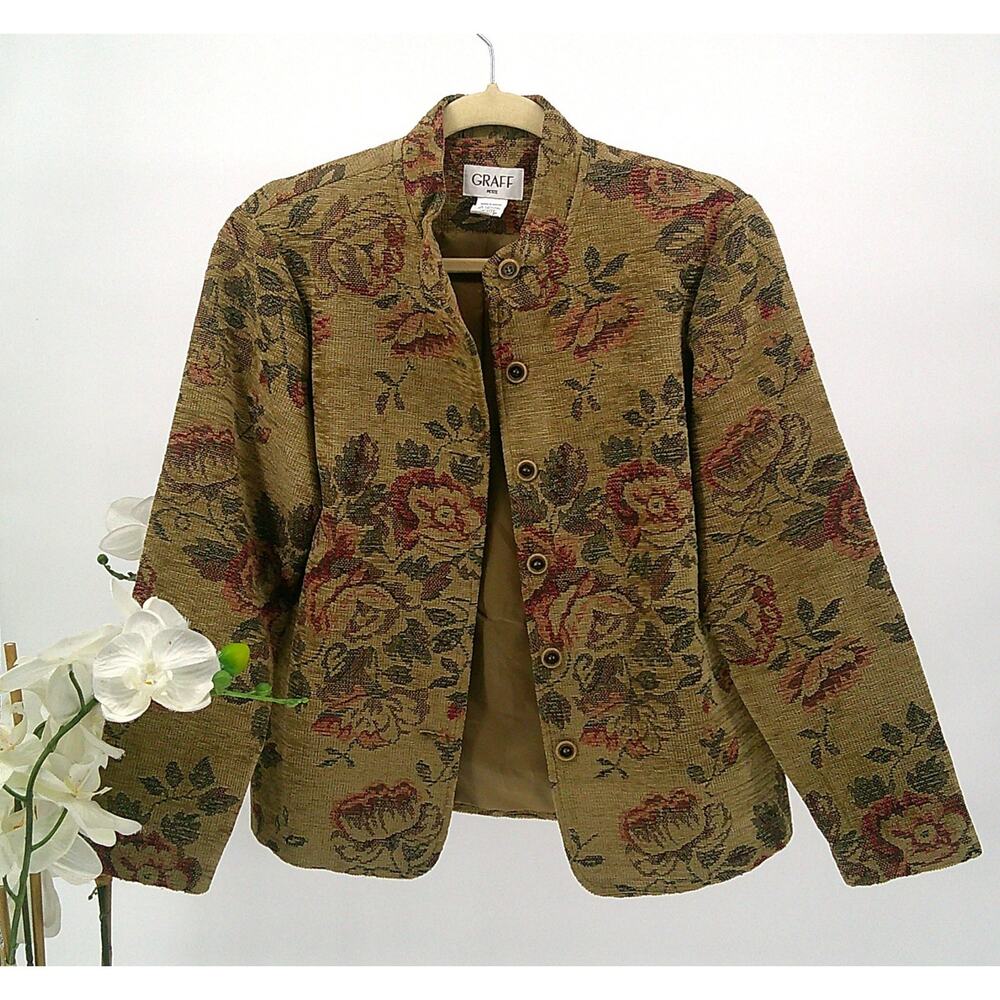 Graff by Um Company Womens Olive Tapestry Classic Designer Blazer Jacket Size PM
